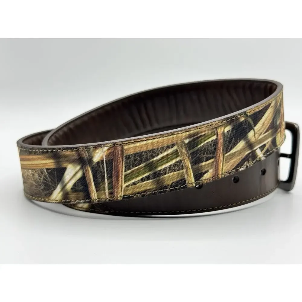Men’s Mossy Oak Medium 34-36 Brown Black Leather Camo Canvas Reversible Belt